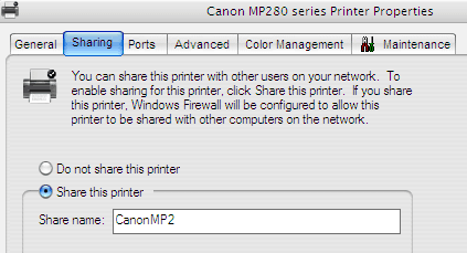 Enabling Printer Sharing Mode